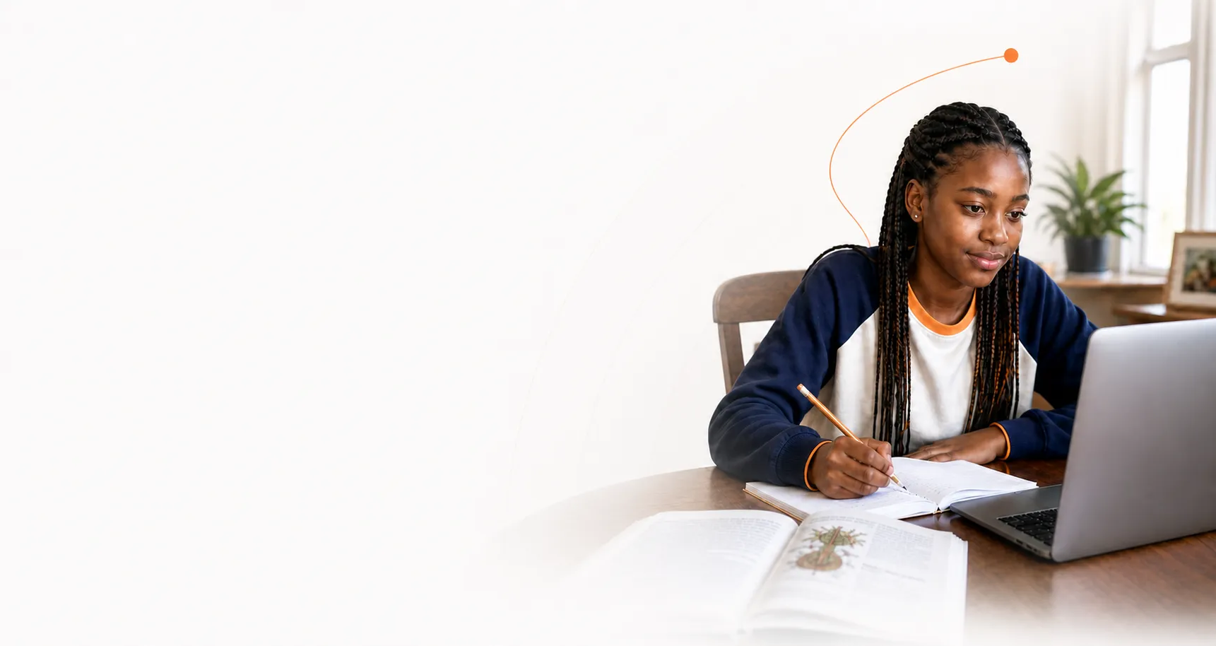 A Grade 8 learner studying at home with her laptop and science workbook