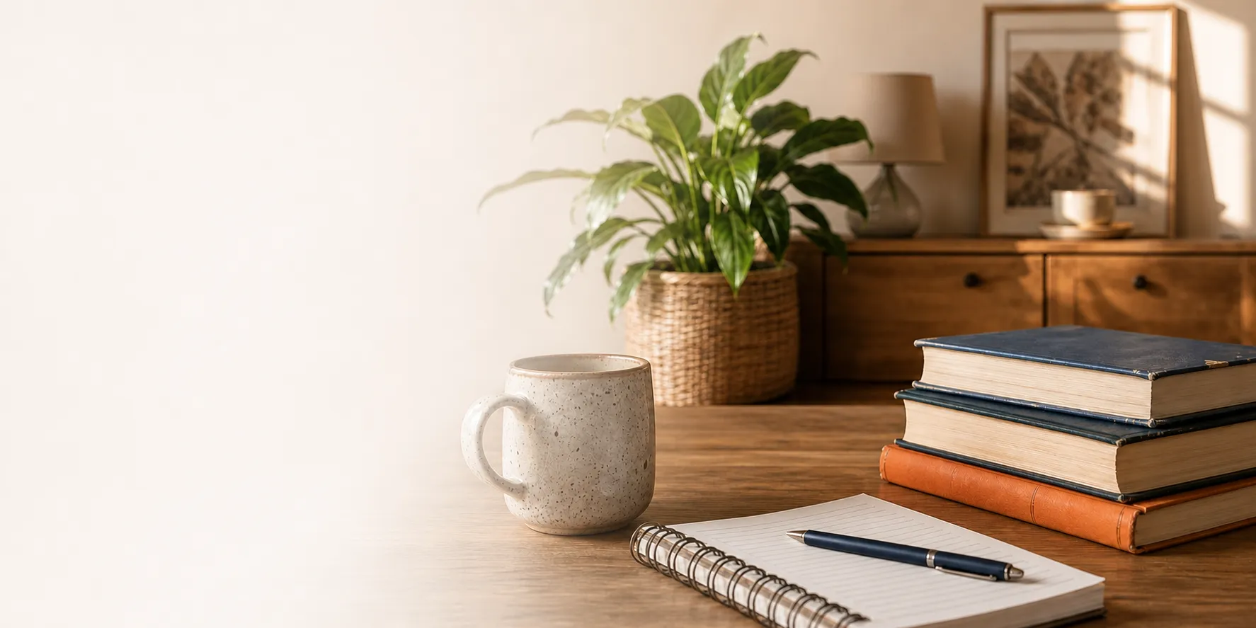 A warm home study space with books, a notebook, a mug and a plant